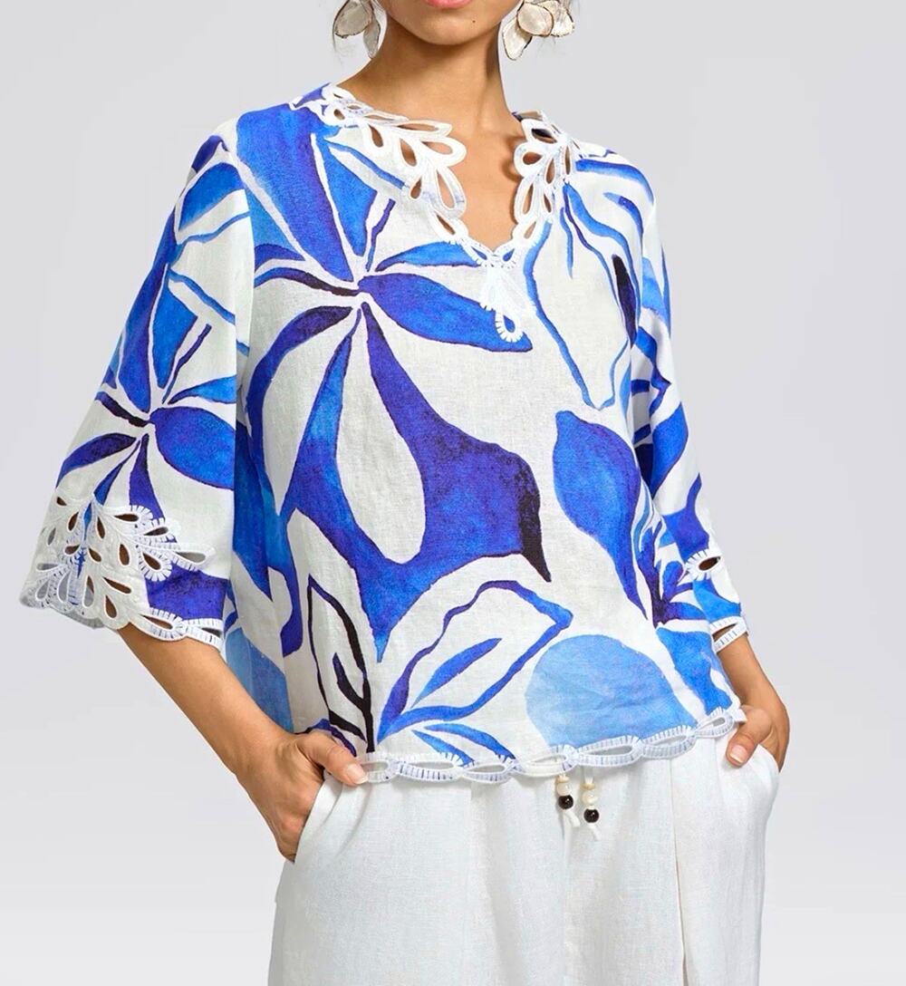 Rich Radi Q's 100% Linen Hand Drawn Resort Print Embroidered Top size L